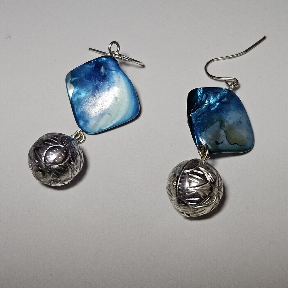 Silver Tone Turquoise Color Mother Of Pearl Dangling Silver Ball Earrings